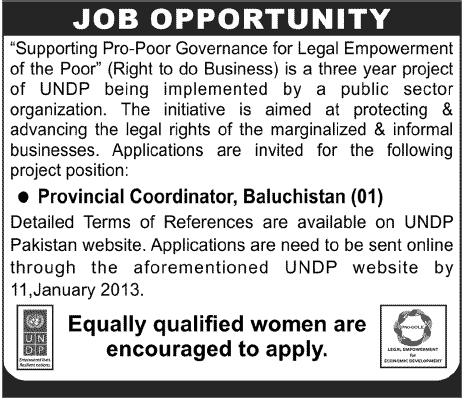 Provincial Coordinator Balochistan Job in UNDP Pakistan 2012-2013