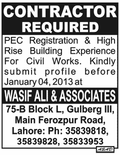 Civil Works Contractor is Required by Wasif Ali & Associates