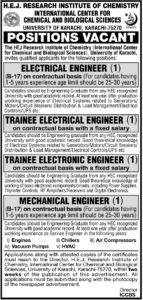 Mechanical / Electrical / Electronic Engineers Jobs at H.E.J.R.I.C., ICCBS, Karachi University