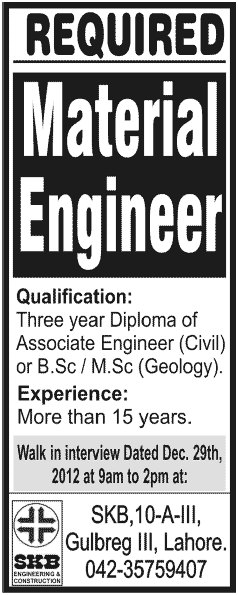 Material Engineer Job at SKB Engineering & Construction Lahore