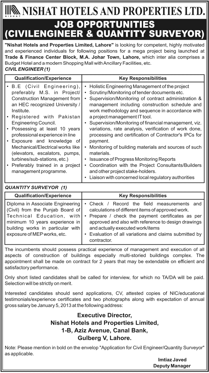 Nishat Hotels & Properties Ltd. Jobs 2012-2013 for Civil Engineer & Quantity Surveyor