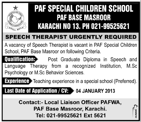 PAF Special Children School Karachi Requires Speech Therapist