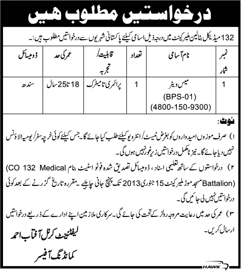 Mess Waiter Job at 132 Medical Battalion Malir Cantt