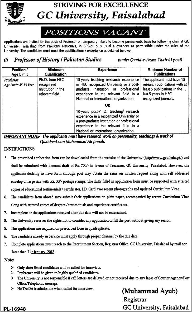 GC University Faisalabad Job 2013 for Professor of History / Pakistan Studies