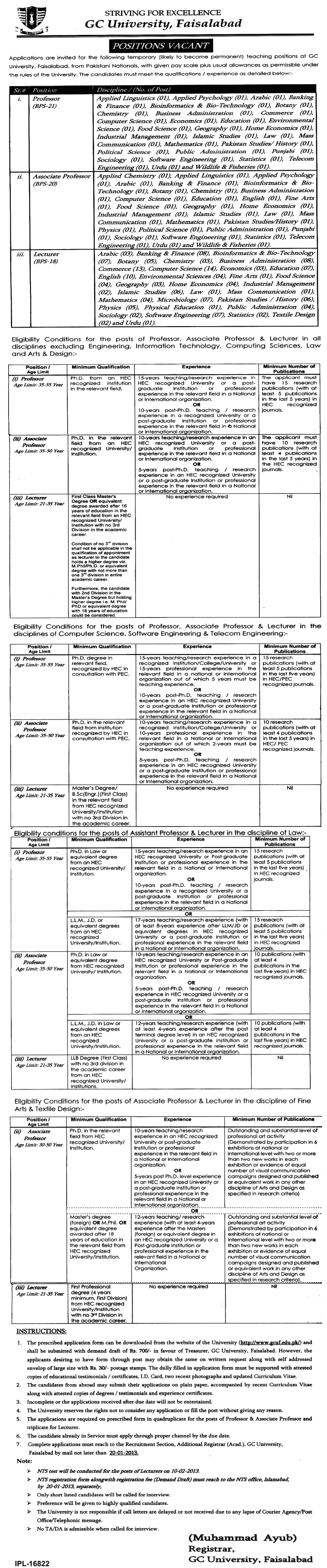 GC University Faisalabad Jobs 2013 for Professors, Associate Professors & Lecturers