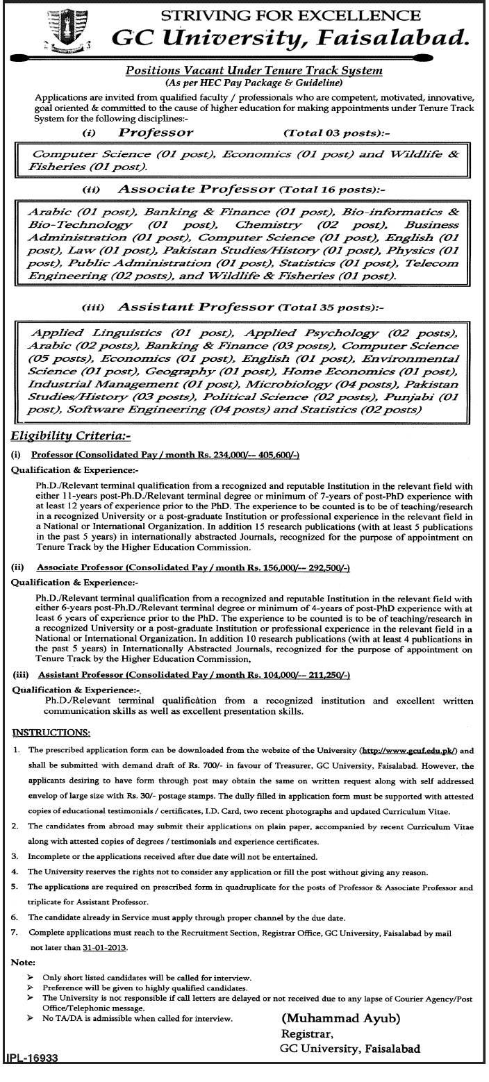 GC University Faisalabad Jobs 2013 (Associate/Assistant)  Professors under Tenure Track System (TTS)