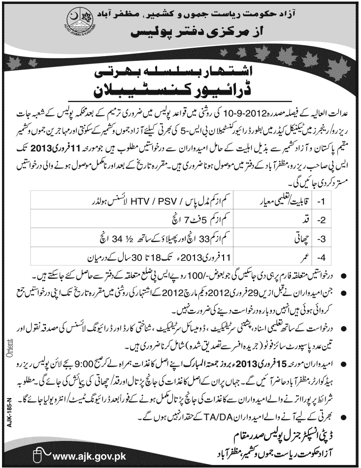 AJK Police Department (Reserve / Rangers) Jobs 2013 for Driver Constables