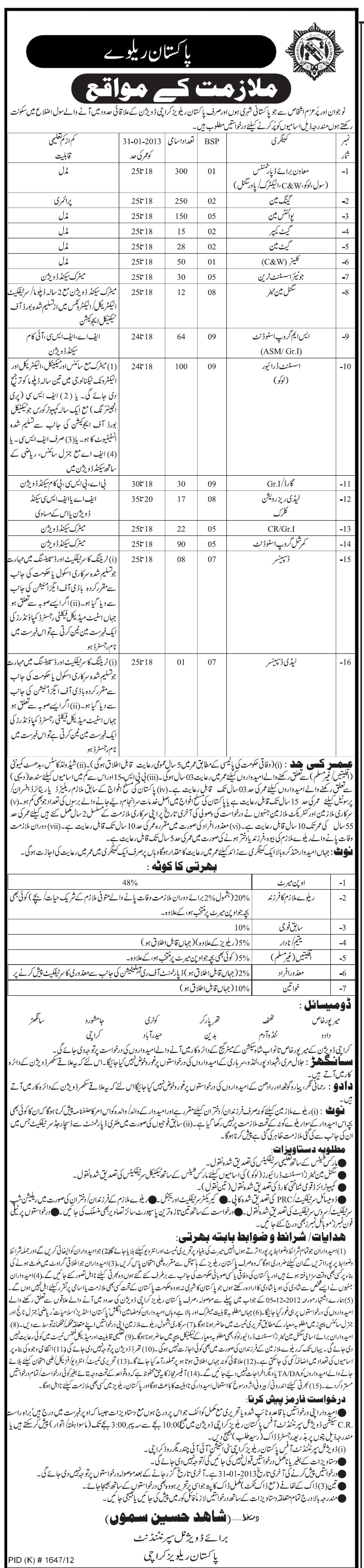 Pakistan Railway Karachi Jobs 2013 Latest Ad Jang 04-Jan-2013