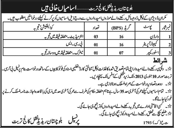 Balochistan Residential College Turbat Jobs 2013