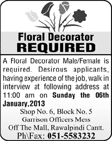 Floral Decorator Job in Rawalpindi