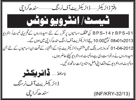 Test / Interview Schedule for Male School of Nursing Jobs under Health Department Sindh