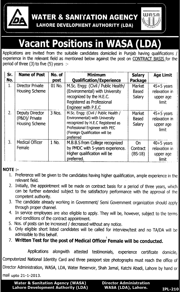 WASA LDA Jobs 2013 Director, Deputy Director & Medical Officer