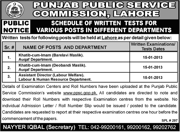 Written Exam Schedule for PPSC Jobs 08-January-2013 Assistant Director & Khatib