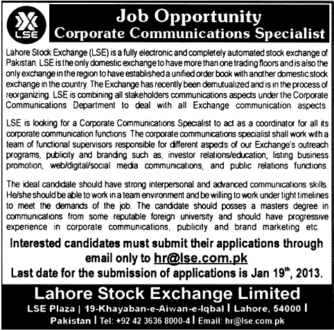 Lahore Stock Exchange Job 2013 for Corporate Communications Specialist
