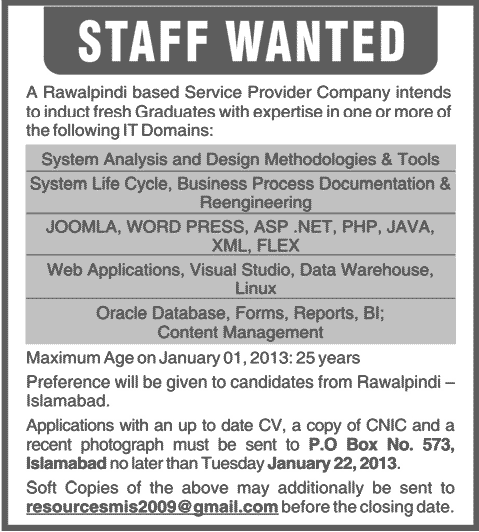 PO Box 573 Islamabad Jobs in a Service Provider Company for Fresh IT Graduates