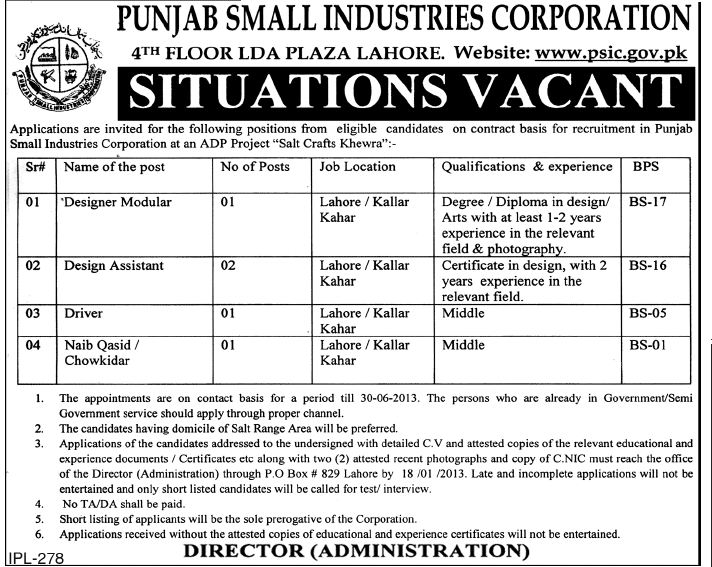 Punjab Small Industries Corporation (PSIC) Jobs 2013