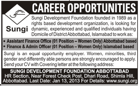 Sungi Development Foundation Jobs for Assistant Finance Officer and Finance & Admin Officer
