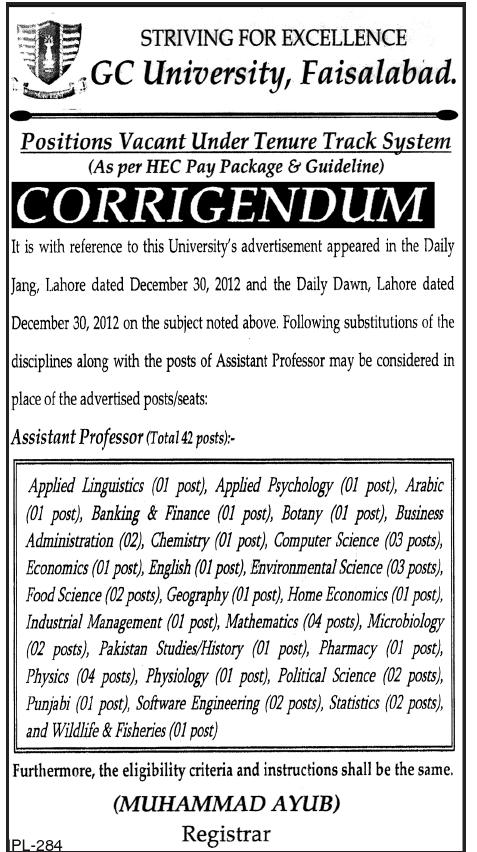 Corrigendum: GC University Faisalabad Jobs 2013 Assistant  Professors under Tenure Track System (TTS)