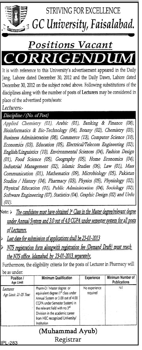 Corrigendum: GC University Faisalabad Jobs 2013 for Lecturers