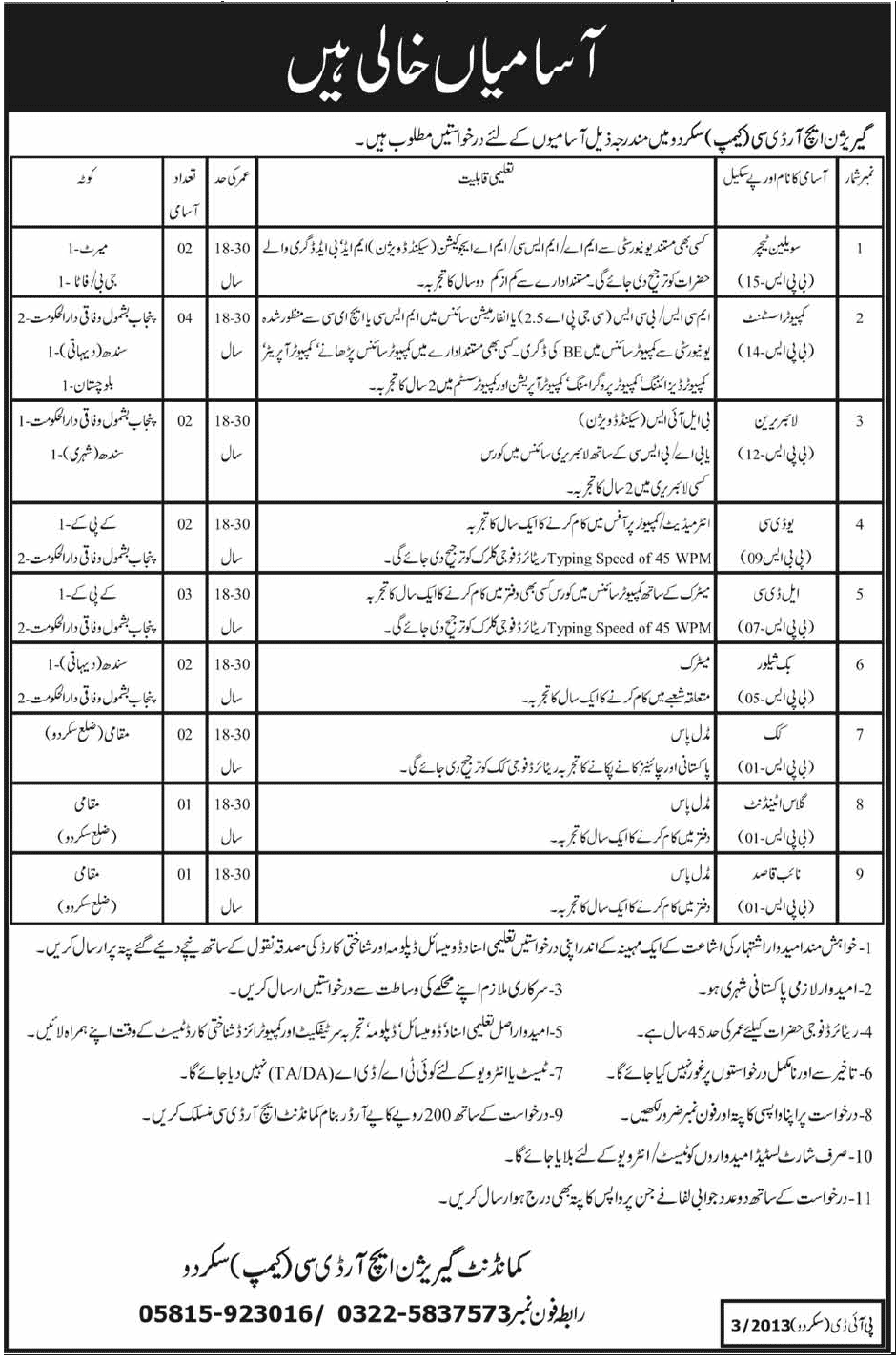 Teachers, Computer Assistant, Librarian, Clerks & Staff Jobs in Garrison HRDC (Camp) Skardu