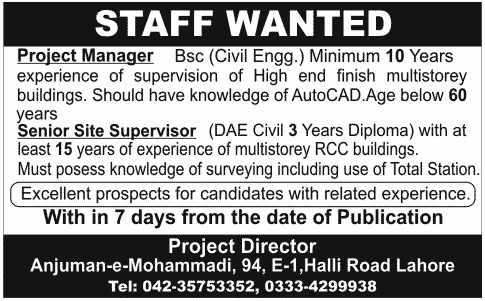 Project Manager & Senior Site Supervisor Jobs in Anjuman-e-Mohammadi Lahore