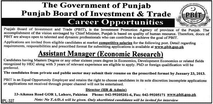 Punjab Board of Investment & Trade Job 2013 for Assistant Manager (Economic Research)