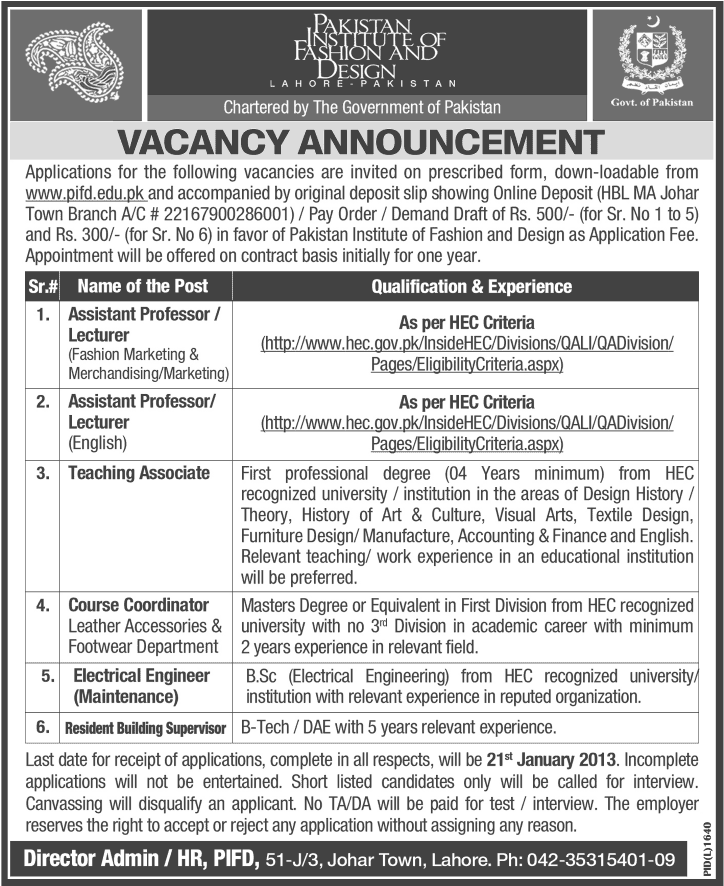 Pakistan Institute of Fashion & Design Lahore Jobs 2013