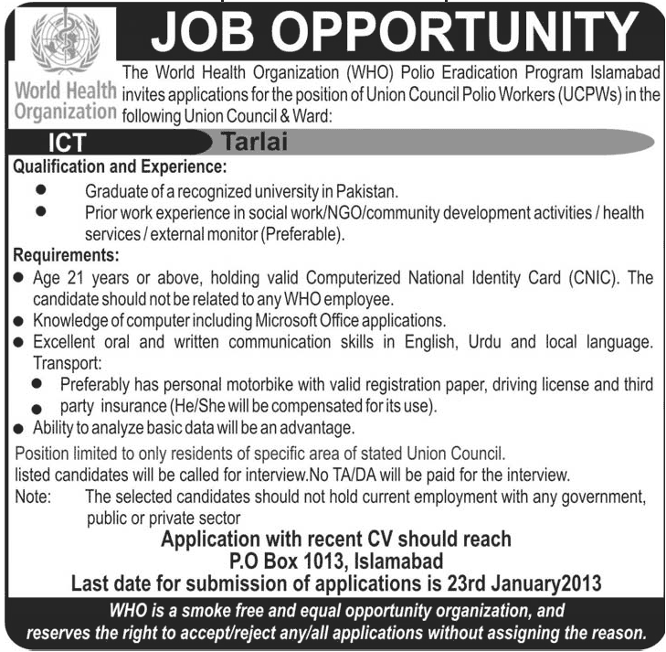 World Health Organization Jobs 2013 for UCPW in Tarlai Islamabad under Polio Eradication Program