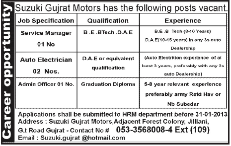 Suzuki Gujrat Motors Jobs for Service Manager, Auto Electrician & Admin Officer
