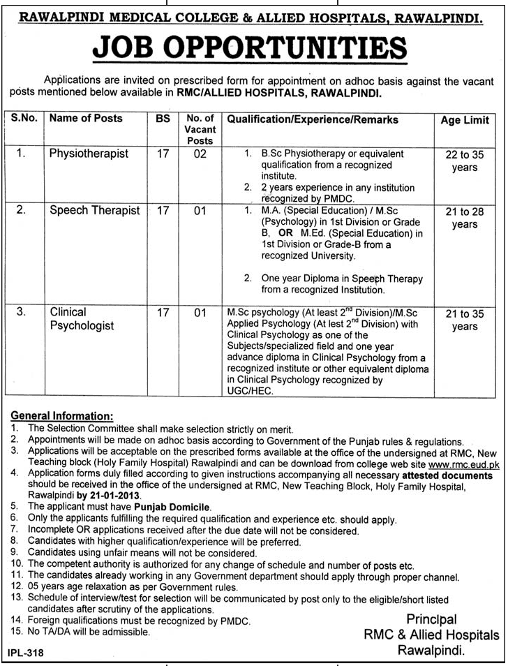 RMC & Allied Hospitals Rawalpindi Jobs 2013