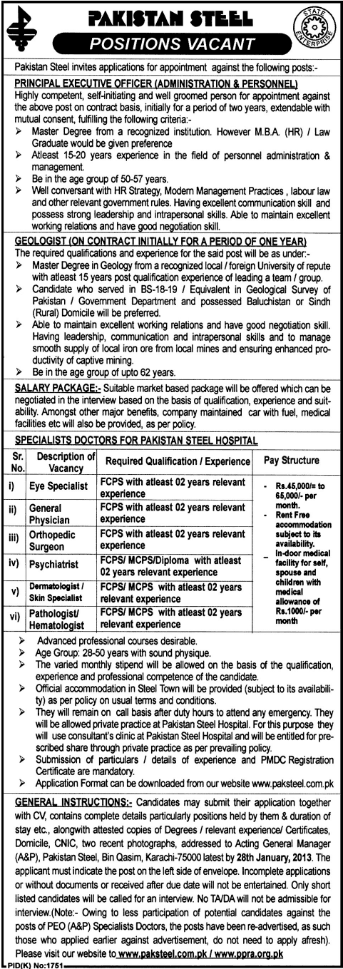Pakistan Steel Jobs 2013 for Principal Executive Officer, Geologist & Specialists Doctors