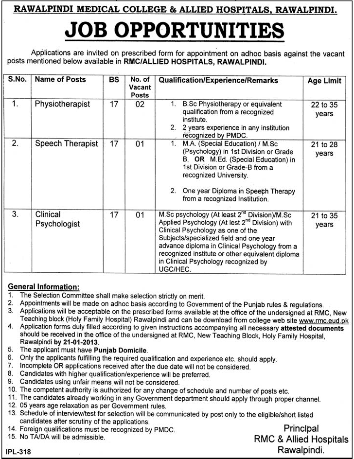 Physiotherapist, Speech Therapist & Clinical Psychologist Jobs at RMC & Allied Hospitals Rawalpindi