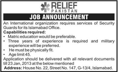 Relief Pakistan (RP) Jobs 2013 for Security Guards at Islamabad Office