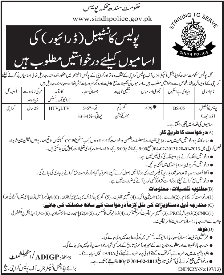 Sindh Police Jobs 2013 Karachi Constable Driver