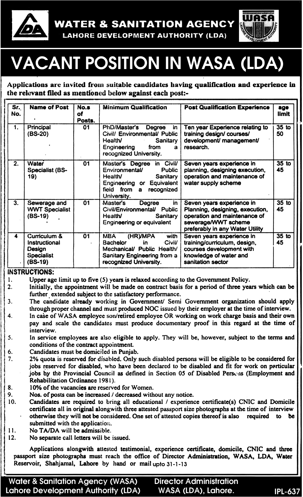 Jobs in WASA 2013 Lahore Development Authority