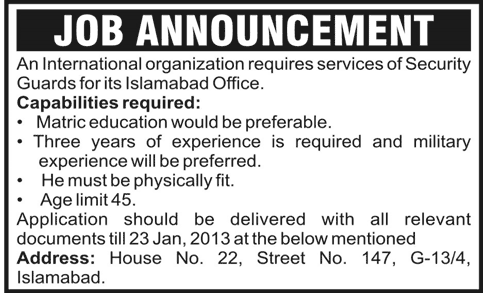 Security Guards Jobs 2013 in Relief Pakistan INGO Islamabad