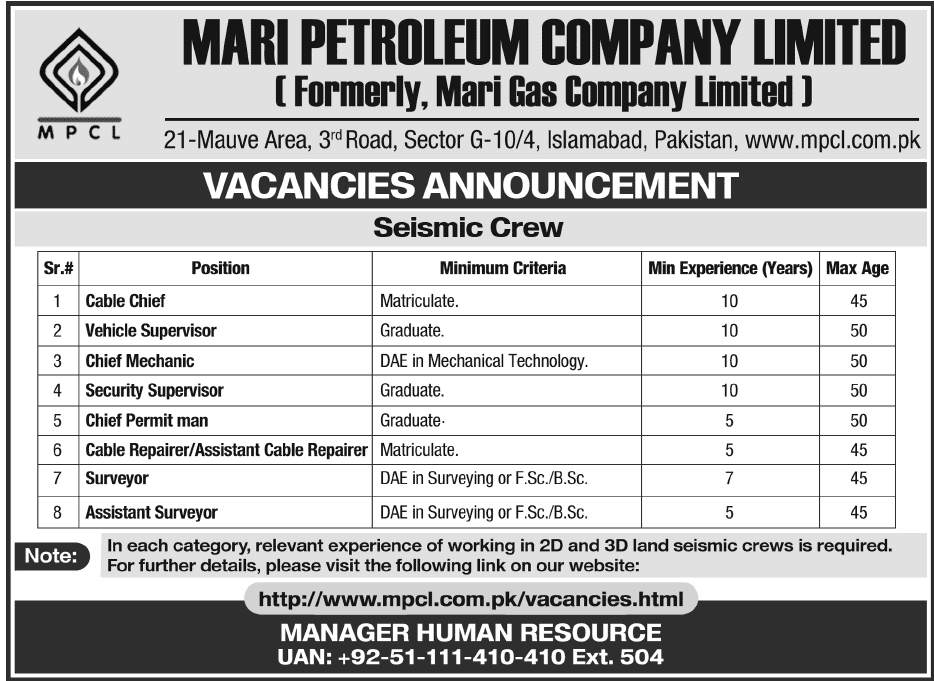 Mari Petroleum Company Limited Jobs 2013 for Seismic Crew (Mari Gas)