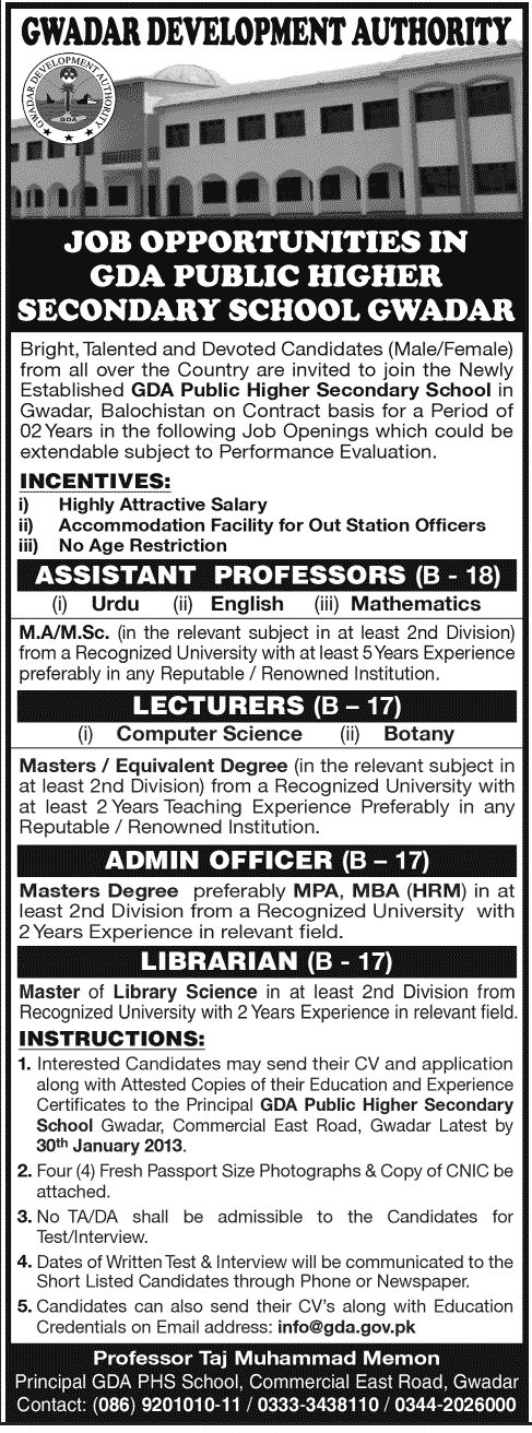 GDA Public Higher Secondary School Gwadar Jobs 2013