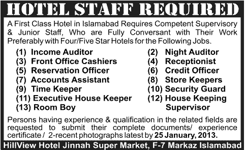 Hill View Hotel Jobs 2013 Islamabad