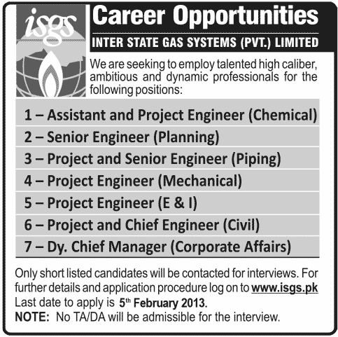 Inter State Gas Systems (ISGS) Jobs 2013 Pakistan for Engineers & Manager