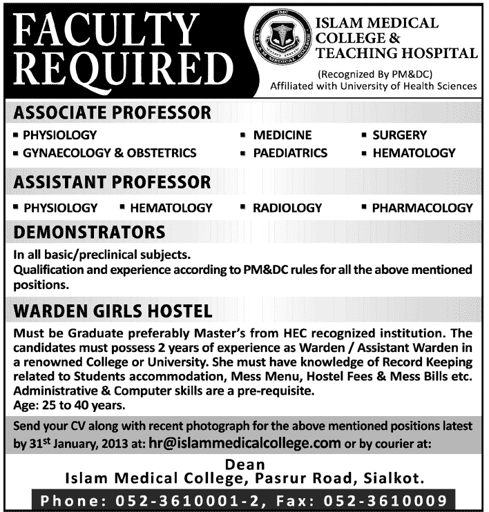 Islam Medical College & Teaching Hospital Jobs for Faculty