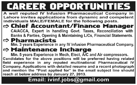 Chief Accountant, Pharmacists & Maintenance Incharge Jobs in a Pharmaceutical Company