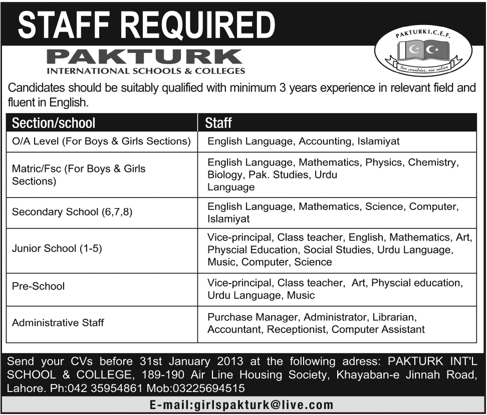 PAKTURK International Schools & Colleges Jobs for Teachers & Staff