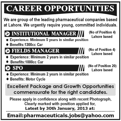 Institutional Managers, Fields Managers & SPOs Jobs in Pharmaceutical Companies Group