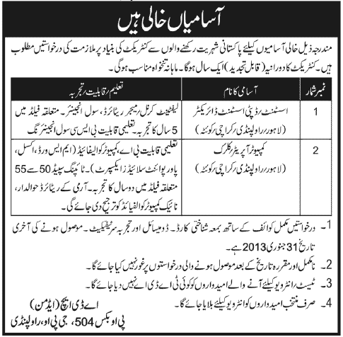 P.O. Box No. 504 GPO Rawalpindi Jobs 2013 for Assistant Director & Computer Operator / Clerk