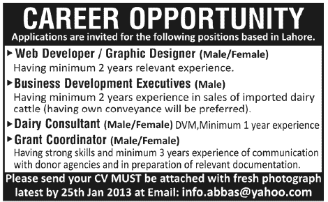 Web Developer, Business Development Executives, Dairy Consultant & Grant Coordinator Jobs