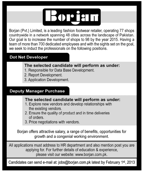 Borjan (Pvt.) Limited Require Dot Net Developer & Deputy Manager Purchase