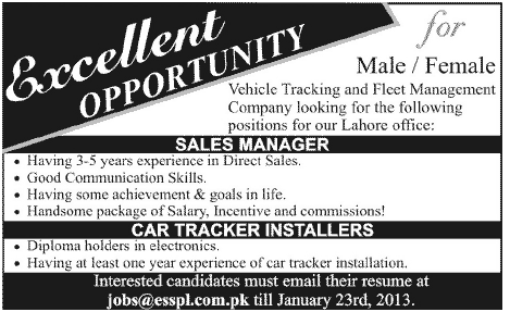 Sales Manager & Car Tracker Installers Required at Electronic Safety & Security (Pvt.) Ltd.