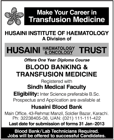 Husaini Institute of Haematology Career Opportunity in Blood Banking & Transfusion Medicine