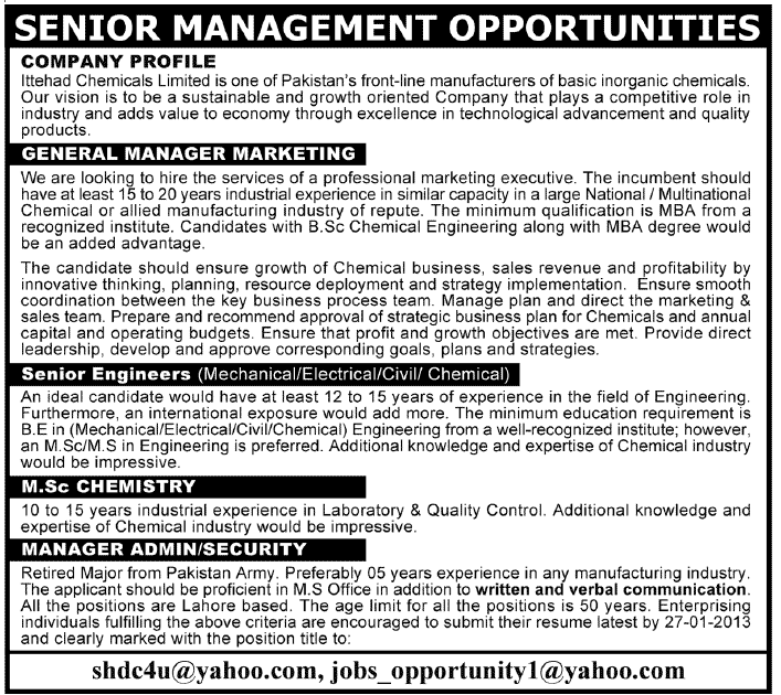 Ittehad Chemicals Limited Jobs for GM Marketing, Senior Engineers, Chemistry Graduates & Manager Admin